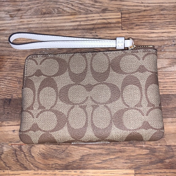 Coach brown and beige signature corner zip wristlet. - Picture 2 of 6